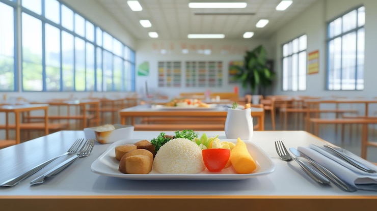 PSD 学校の食堂のランチプレートに米野菜肉が入っています