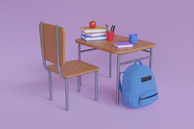 School desk with school accessory and blue backpack 3D Rendering. home learning and study desk