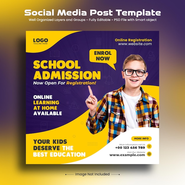 Post di social media per l'ammissione all'istruzione scolastica e modello di banner web quadrato per post di instagram