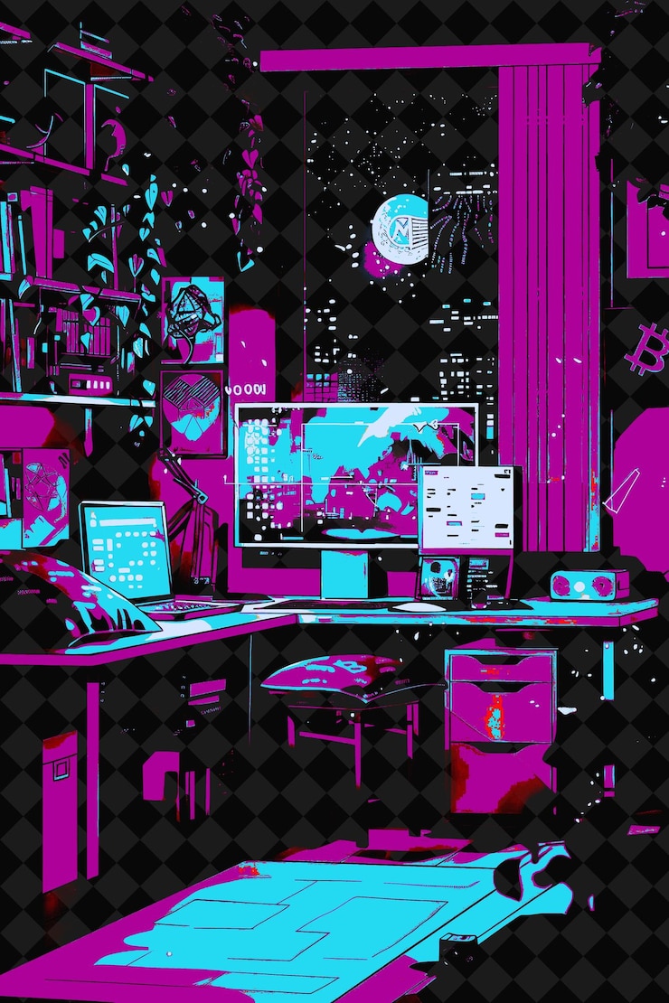 PSD school interior design night with a bitcoin themed room bitc flat illustration background design