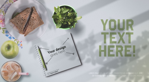 School Lunch Mockup Notebook and Healthy Food on White Table Top View