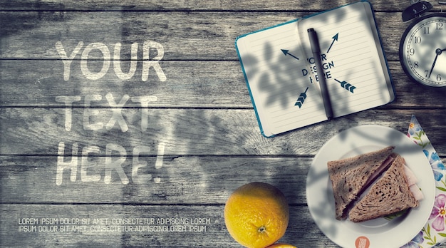 School lunch mockup wooden table and tree shadow background