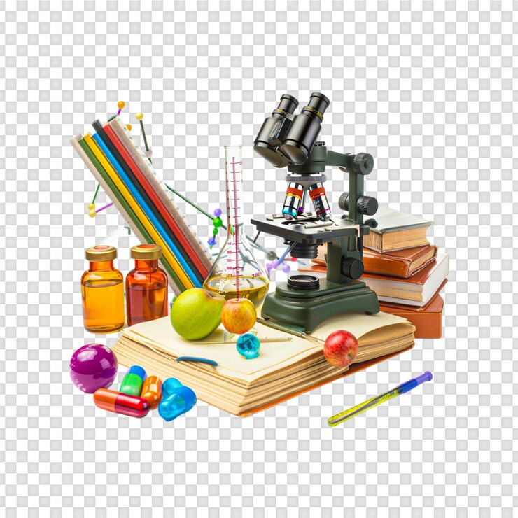 PSD school science and education concept equipment isolated on transparent background
