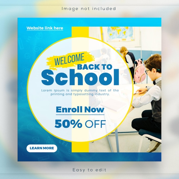 Школьный баннер в социальных сетях и рекламный шаблон поста в instagram об образовании