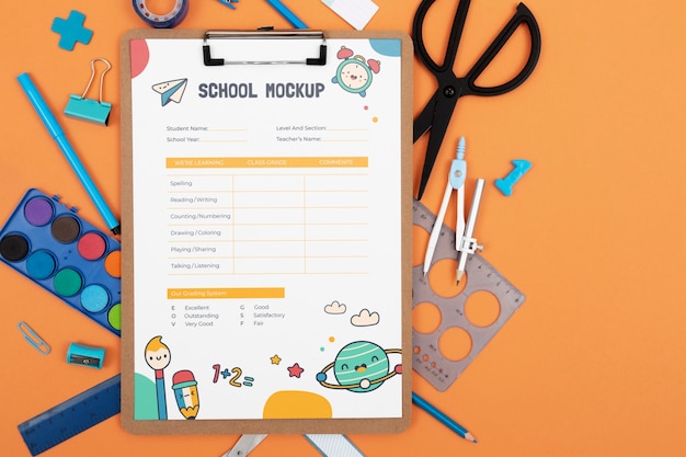 PSD school supplies arrangement flat lay