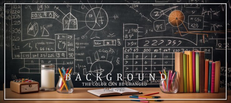 PSD school supplies and chalkboard with math equations