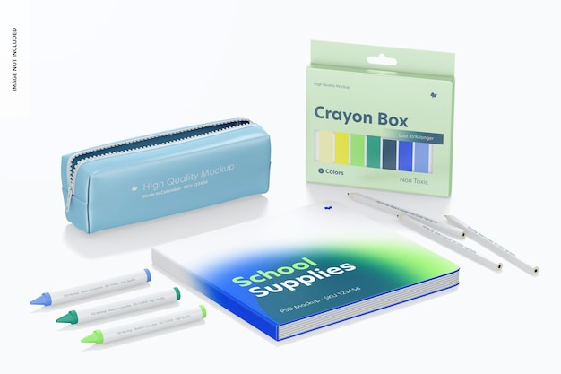 school supplies mockup, perspective