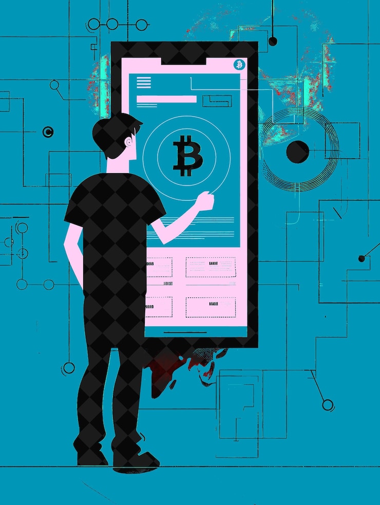 PSD school ux design night with a bitcoin themed app bitcoin the flat illustration background design