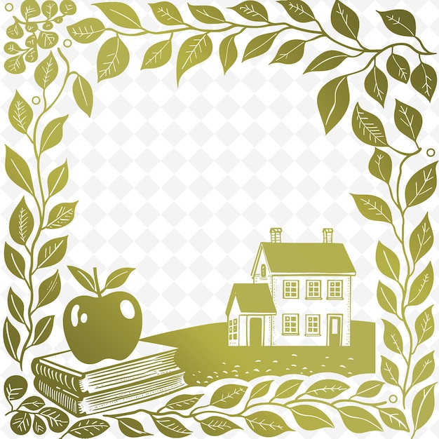 PSD schoolhouse outline with apple frame and book symbol for de illustration frames decor collection