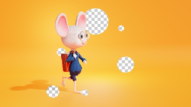 Schooljongen loopt naar school cartoon karakter muis met een school rugzak 3d render terug naar school