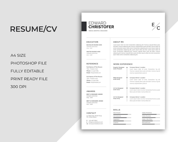 PSD schoon modern cv of cv-sjabloon