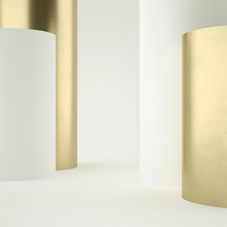 Schoon witgoud productvoetstuk, gouden frame, herdenkingsraad, abstract minimaal concept, lege ruimte, schoon ontwerp, luxe. 3D render