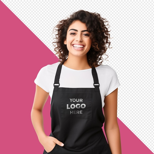 Schoonheid kapper vrouw t-shirt schort glimlachende kok chef-kok transparante arabische kapper barbier mockup