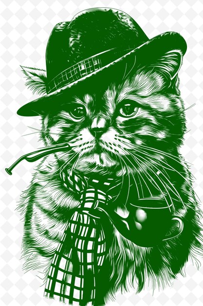 PSD schotse gevouwen kat met een sherlock holmes hoed en pijp lookin animals sketch art vector collections