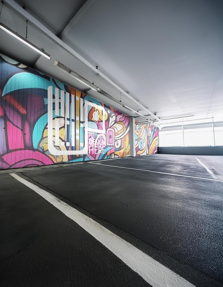 PSD ściana na parkingu z dowolnym kolorowym makietą