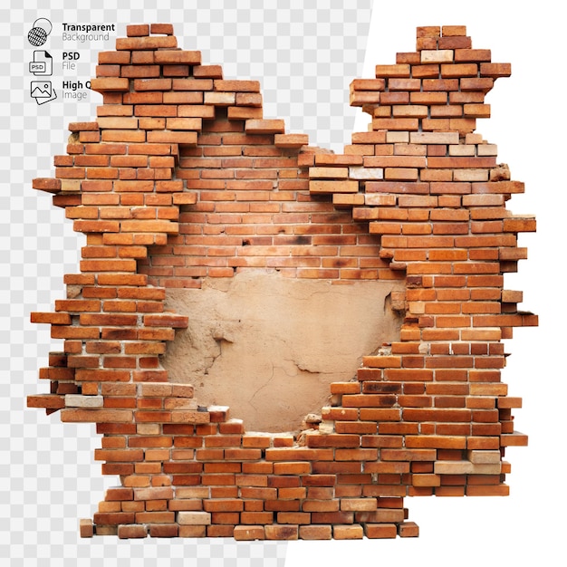 PSD Ściana z cegły z nieregularnym otworem na przezroczystym tle