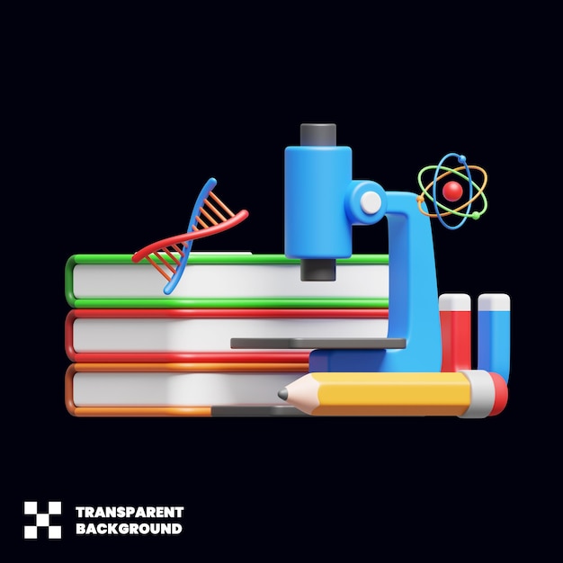 PSD science research education illustration with books and micoscope in 3d render
