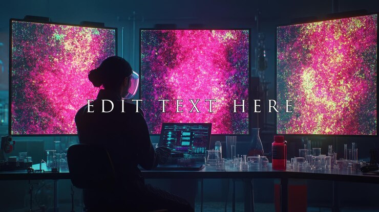 PSD scientist analyzes vibrant data on large monitors in a futuristic lab