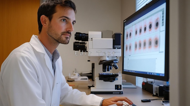 Scientist analyzing microscope slides on computer