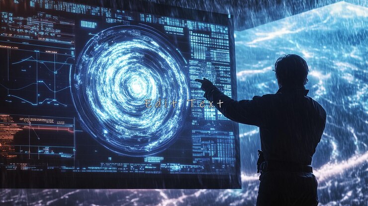 PSD scientist analyzing swirling energy data on large screen during storm