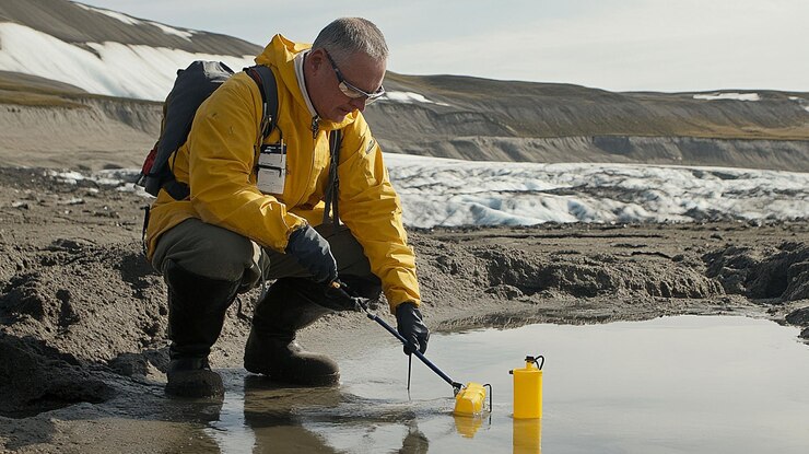 PSD scientist collecting water sample near glacier