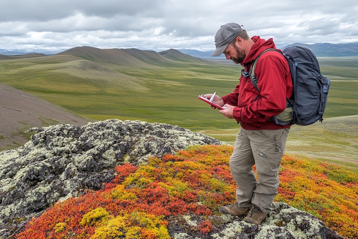 PSD scientist documenting flora on rocky mountaintop