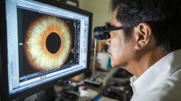 Scientist examining a detailed iris scan on a computer screen