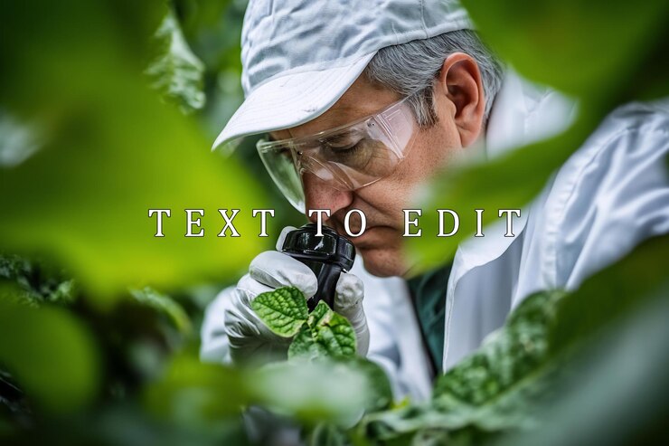 PSD scientist examining plant leaves with handheld magnifier in greenhouse