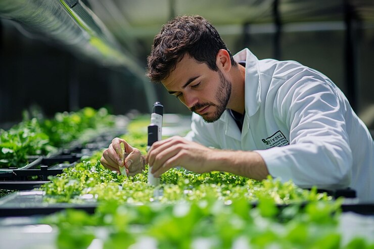 PSD scientist examining plants in hydroponic system