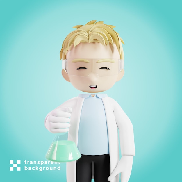 Scientist holding flask 3d character render illustration