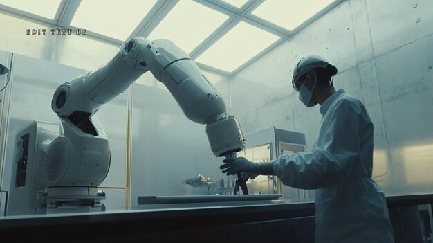 scientist in lab coat operates robotic arm during experiment