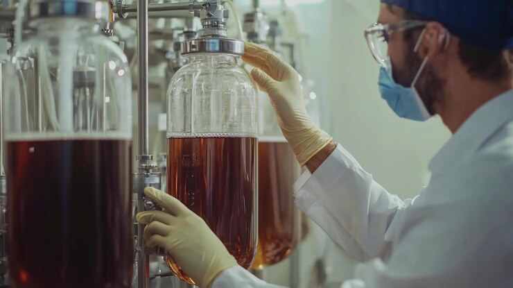 PSD 科学者が無菌な実験室で濃い液体の大きなガラスの容器を検査しています