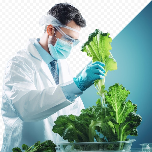 Scientist inspects hydroponic lettuce in clean suit