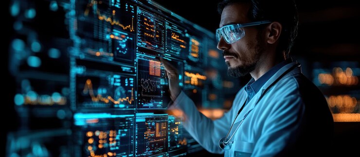 PSD a scientist in a lab coat analyzes data on a digital screen