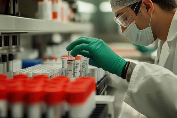 PSD a scientist in a lab coat and gloves carefully examines a test tube in a laboratory
