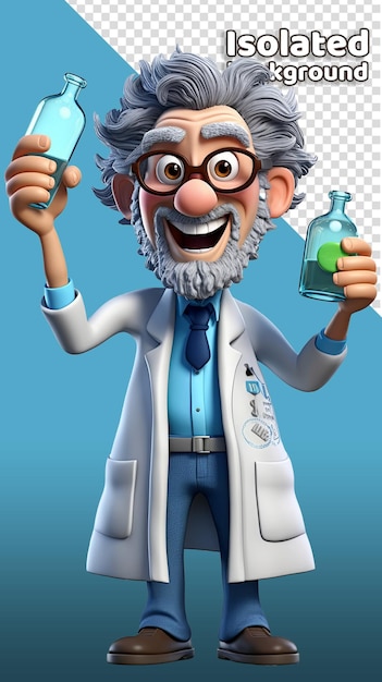 PSD scientist in laboratory with test tubes 3d character isolated background