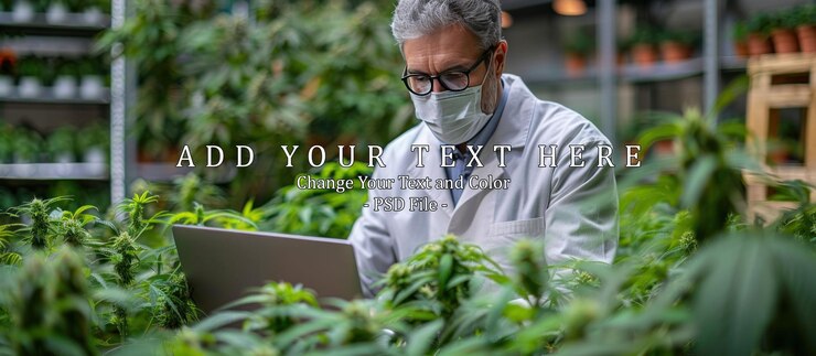 PSD scientist with mask and glasses checking and analizing hemp plants
