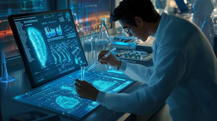 PSD scientist working in futuristic lab analyzing data on holographic display