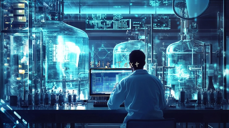 PSD scientist working at futuristic lab computer