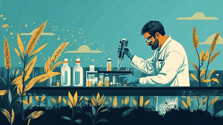 PSD scientist working in a laboratory with agricultural plants experimenting with crop improvement using modern technology