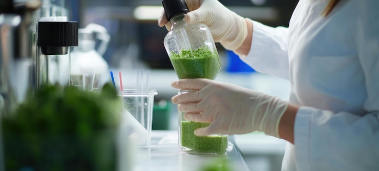 PSD scientist working in a laboratory with green plant material