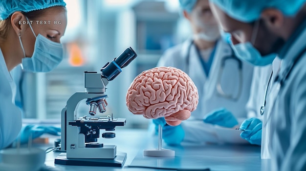 Scientists examining a brain model in a lab using microscopes