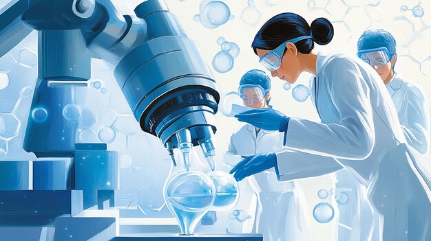 Scientists using robotic arm in lab examining liquids in flasks