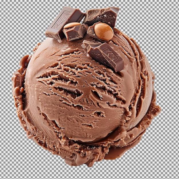 Scoop di gelato al cioccolato raffreddato con pezzi di cioccolata e nocciole in cima isolati su bianco