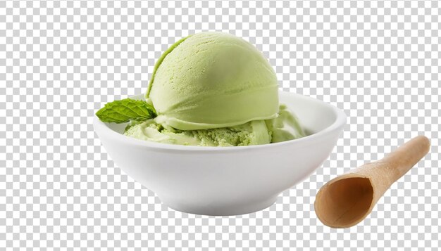 PSD scoop of mint ice cream with spoon isolated on transparent background