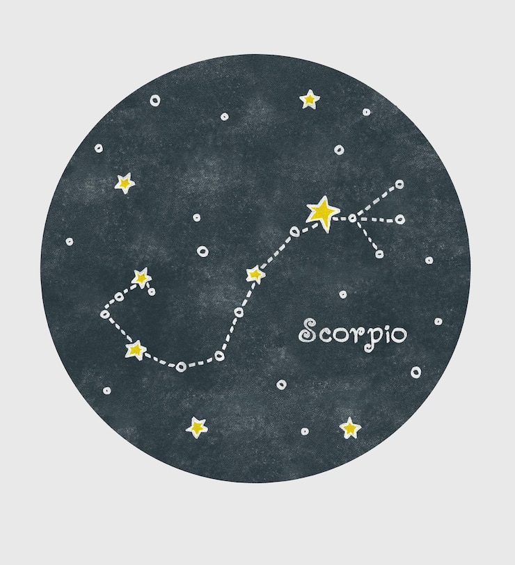 PSD 스코르피우 별자리 (scorpiu constellation) 는 텍스처 서클 배경에 어린이 만화 스타일로 크레이온으로 손으로 그려진 별자리이다.