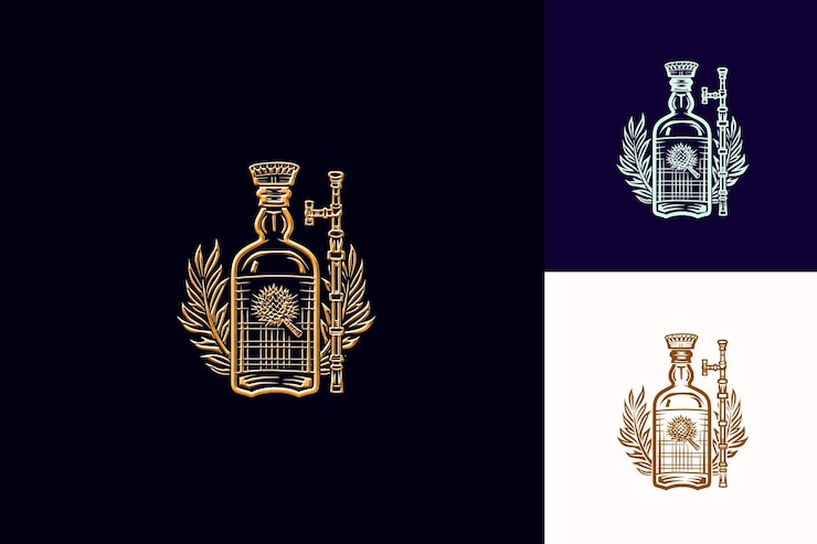 PSD 蘇格蘭啤酒瓶標誌 (scotch bottle logo) 包含一條樹和一條袋笛 蘇格蘭克雷 png 熱帶靈感飲料設計
