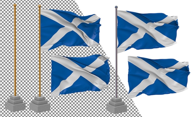 scotland flag waving different style with stand pole isolated 3d rendering