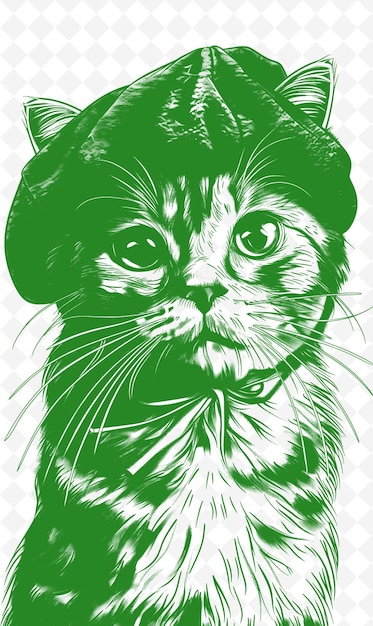 PSD スコットランドの折りたたまれた猫がベレットをかぶって 遊び心のある表情を表しています 動物 スケッチアート ベクトルコレクション