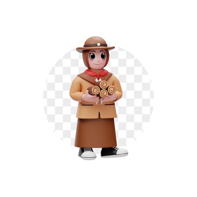 PSD scout girl in hijab carrying firewood 3d character